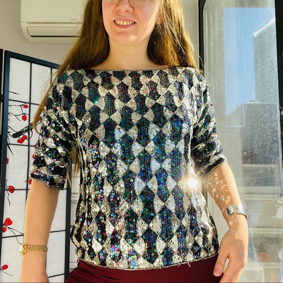 Anthropologie Anishkumar Sequin Crop Short Sleeve Chess Board Pattern Bugles Top - Picture 7 of 11